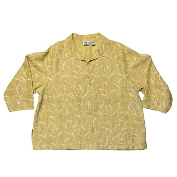 Chico's Design Yellow Gold Embroidered Linen Blend Button Up Blouse Shacket Sz 3 - Picture 1 of 9